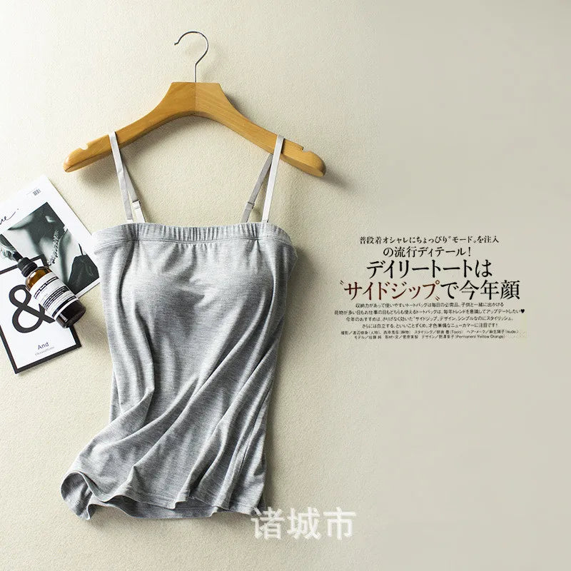 ខោទ្រនាប់ស្ត្រីសិចស៊ី Push Up Sleepwear Top One Piece Pajamas Women Modal Chest Pad Nightwear Sling Vest Bottoming T-Shirt