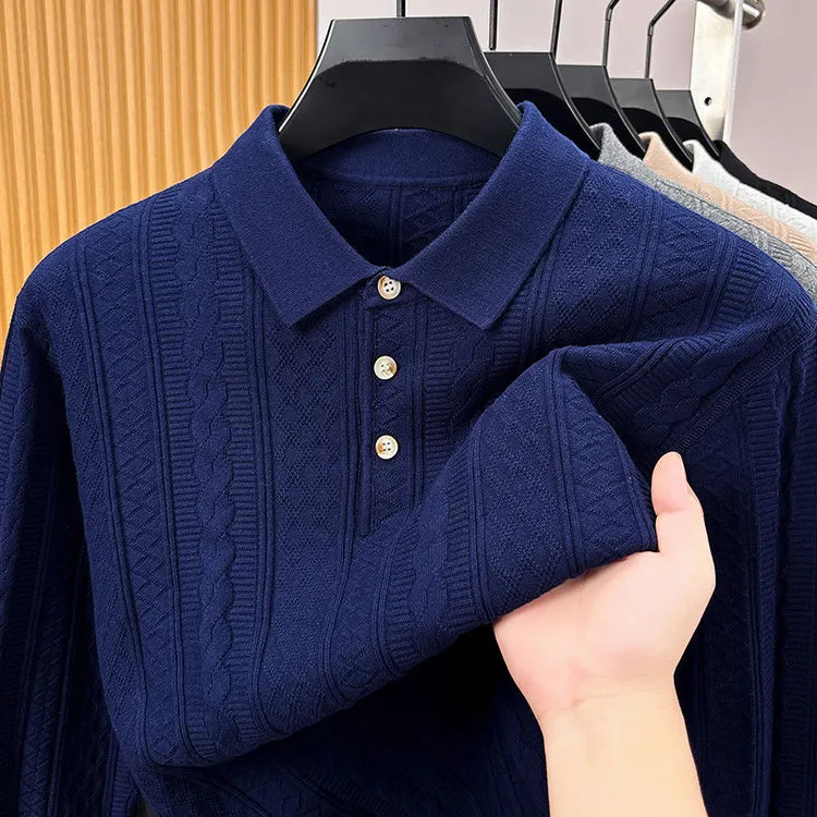 Men's Long Sleeve Waffle Knit Polo Shirt – 100% Cotton, Slim Fit, Business Casual Top for Autumn Winter