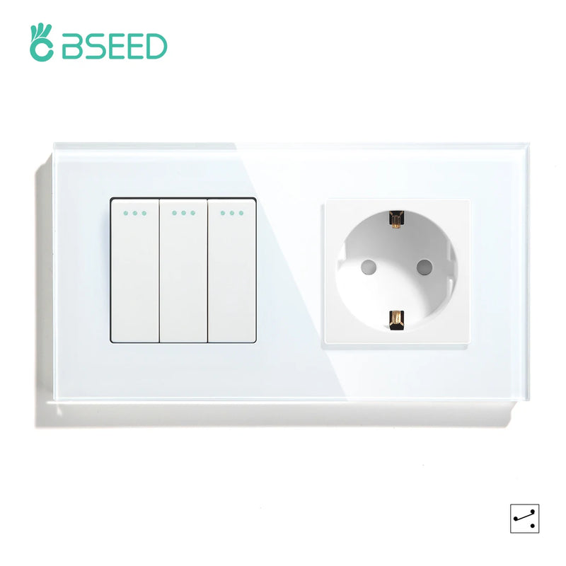 BSEED Mechanical Light Switch Wall Socket Glass Frame 1/2/3Gang 2Way Wall Switch Power Outlet Button Switches Wall Socket