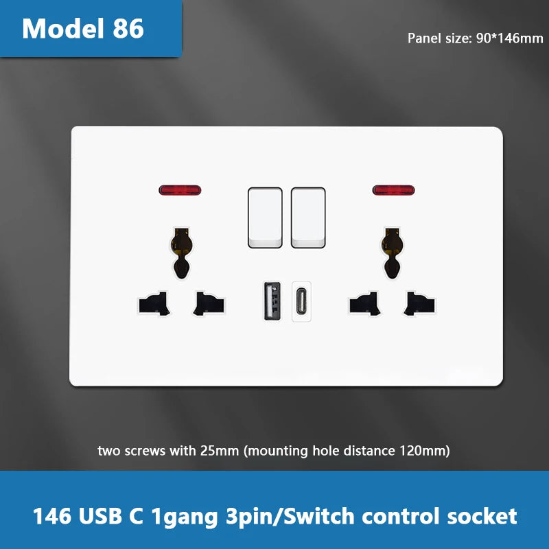 UK Standard Power Socket 13A Dual USB Plug Type-C Wall Outlet,1/2/3gang 2way Switch, White Universal 5pin Wall electrical socket