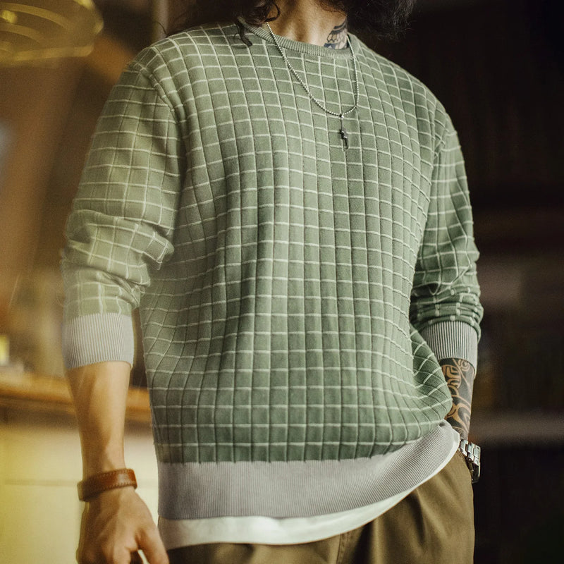 Maden Men's Retro Plaid Crewneck Sweatshirt Green Pullover Casual Spring Outerwear Long Sleeve Winter Layering T-shirt Top