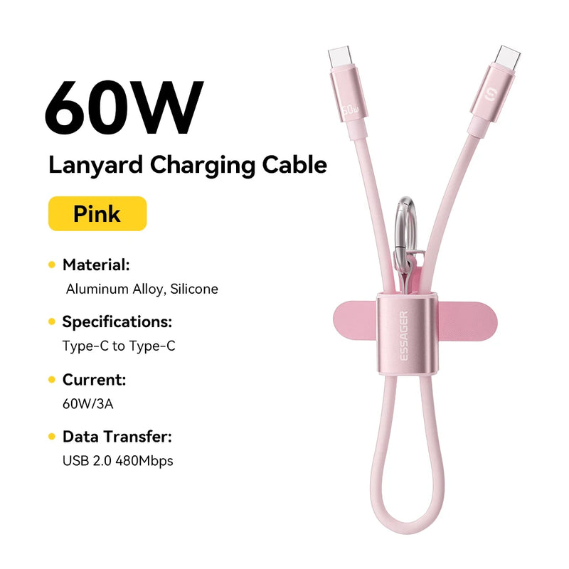 ខ្សែសាក Essager 60W USB Type C Lanyard ខ្សែខ្លីសម្រាប់ Samsung S25 S24 Xiaomi iPhone 17 16 15 Pro Type C ដល់ Type C Cable