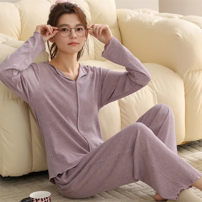 Pajama Woman Winter Long Sleeve Lapel Collar Shirt Pant Suit Spring Autumn Modal Cotton Sleepwear Set Lounge Home Clothes