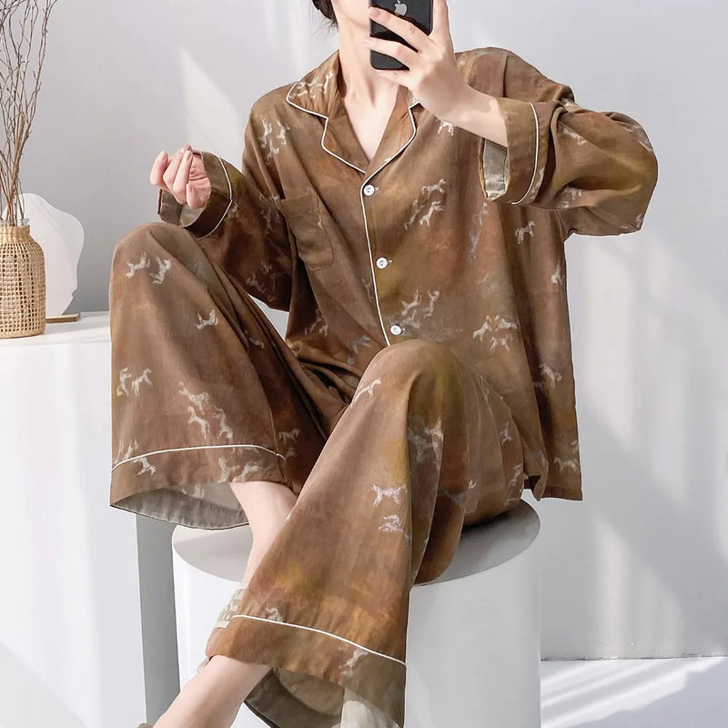Viscose Loungewear 2 Piece Long Sleeve Top Pants Sleepwear Retro Floral Pajama Set For Women Autumn Soft Women's Home Nightwear