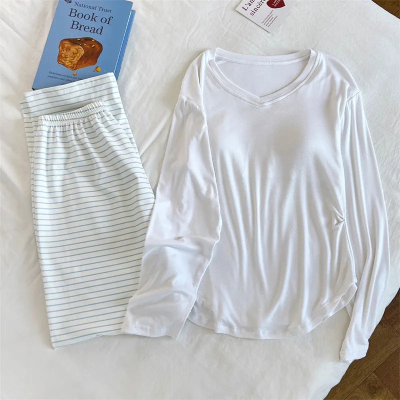 New Chest Pads Sleepwear Home Suit 2 Piece Spring Autumn Long-sleeved Trousers V-neck Loungewear Casual Pajamas Homewear