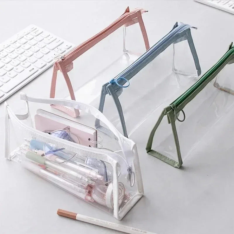 1pc Transparent Triangle Pencil Case, PVC Large-Capacity Storage Bag, Exam Pencil Zipper Stationery Pouch, Pencil Pouch