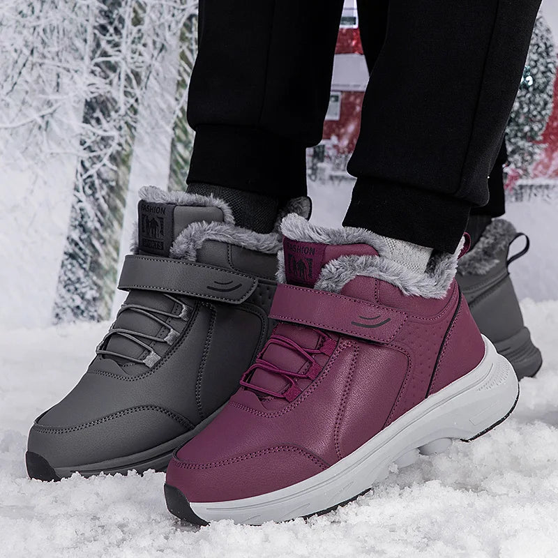 Winter Plush Lined Elderly Shoes PU Leather Non-Slip Rubber Adjustable Strap Warm Snow Boots Comfort Walking Shoes for Elderly