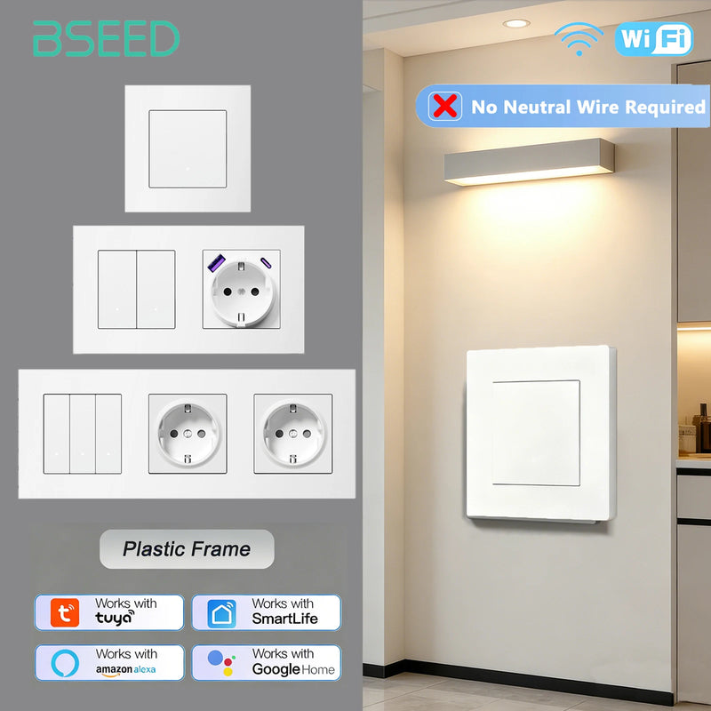 BSEED 1/2/3Gang 2Way WIFI Light Switch Smart Click Switch With EU Wall Socket Plastic Frame Tuya Smart Life No Neutral Line