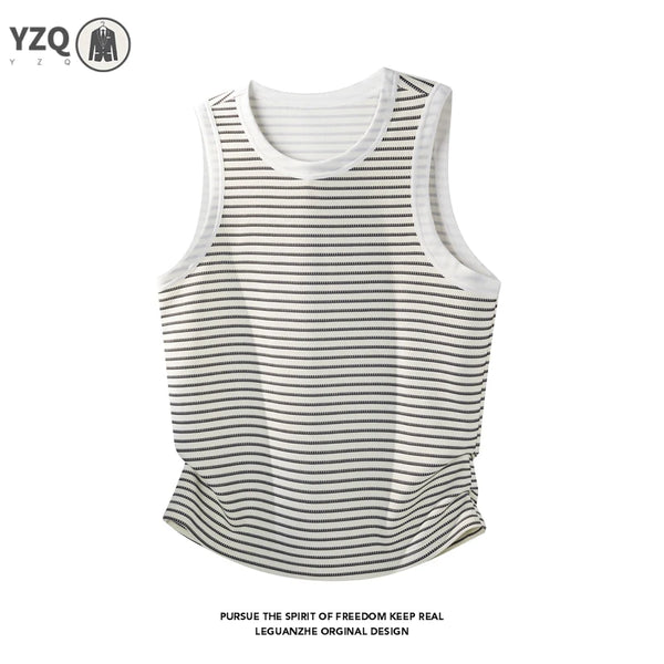 Male Slim Striped Sleeveless Knit Tank Top Crew Neck Comfort Breath Undershirt For Fitness Activities And Everyday Casual Look