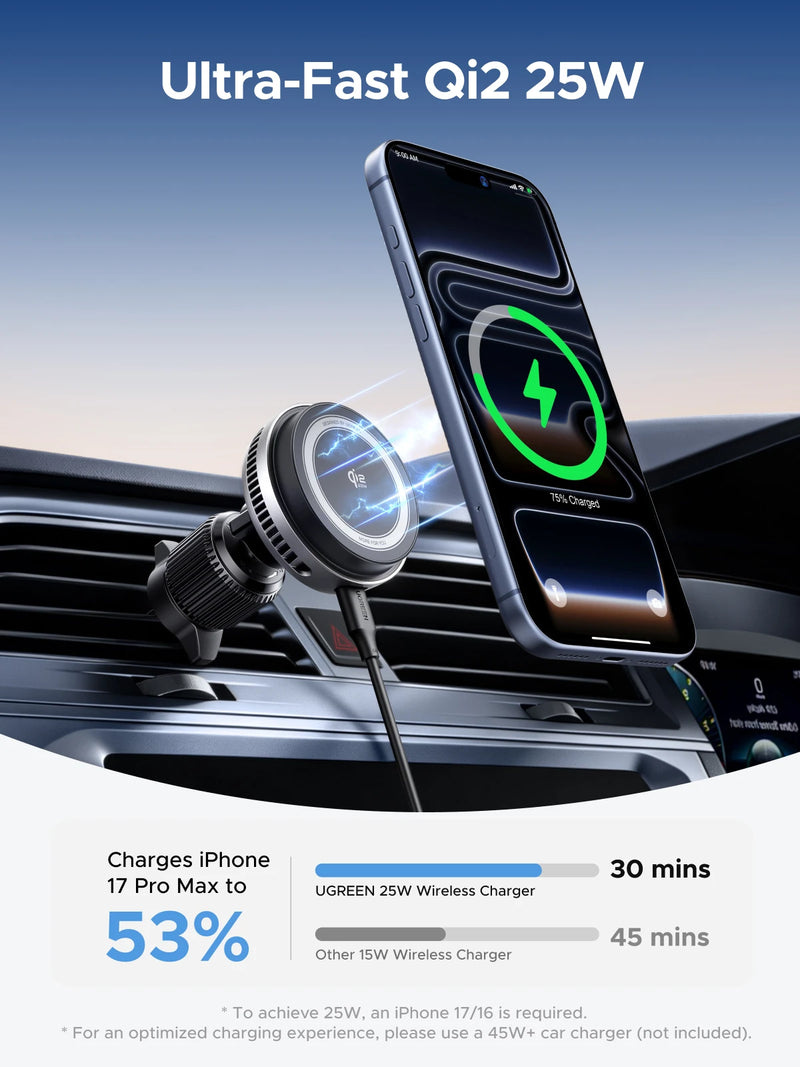UGREEN MagFlow Pro Qi2.2 25W Magnetic Wireless Car Charger with Cooling Fan For iPhone 16 17 Pro Car Phone Holder Fast Charging