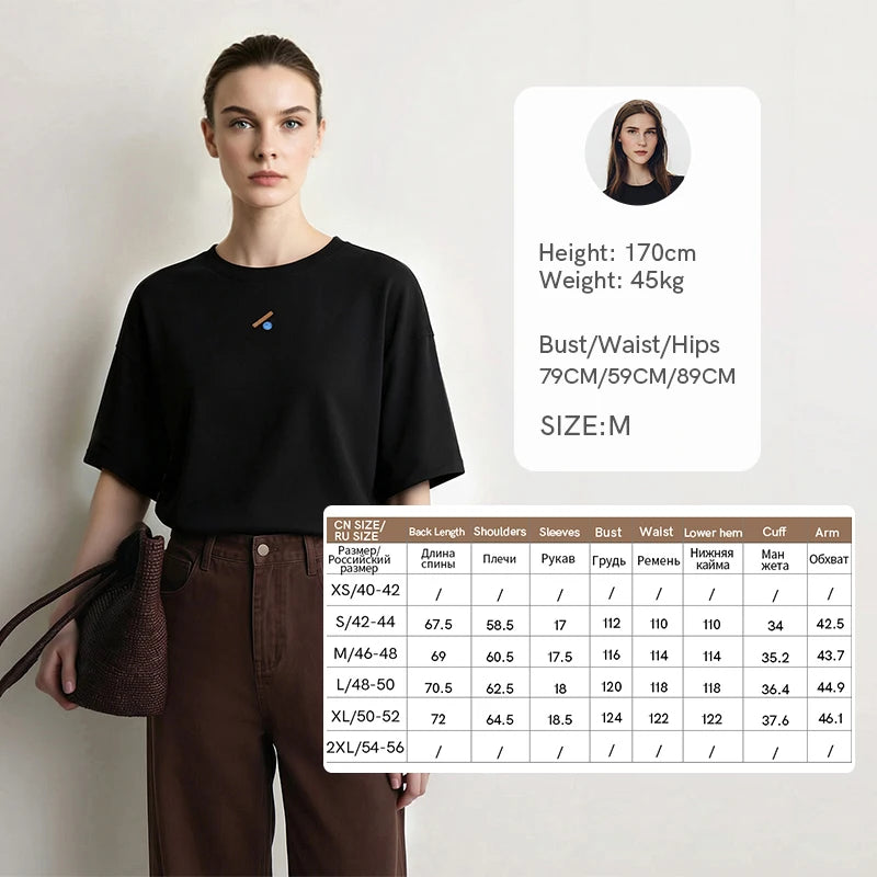 Amii Woman T-Shirts O Neck Drop Shoulder Geometric Embroidery Autumn Loose Tee Tops Casual Comfortable Woman Clothing 12623030