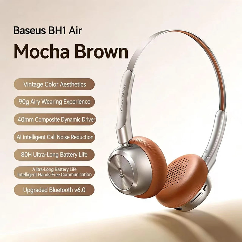 កាសស្តាប់ត្រចៀកប៊្លូធូស BASEUS BH1 Air Retro ជាមួយនឹងការកាត់បន្ថយសំឡេងរំខានសកម្មសម្រាប់កុំព្យូទ័រ កាសស្តាប់លេងហ្គេមសម្រាប់អ្នកលេងហ្គេម