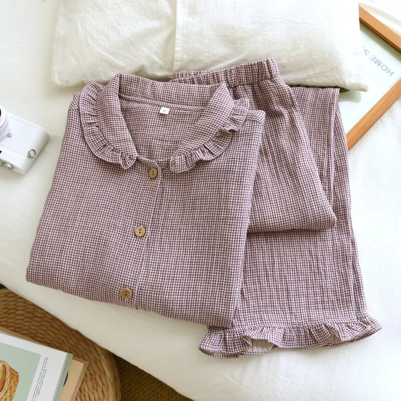 Pure Cotton Plaid Long-Sleeved Pyjamas Women's Loungewear Suit Spring Autumn Home Clothes Comfortable Sleepwear Soft Pajamas