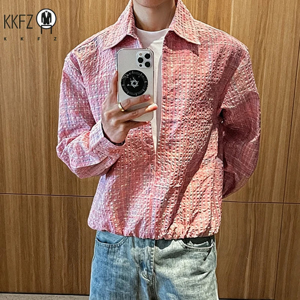 Male Grid Check Textured Long Sleeve Shirt Lapel Collar Relaxed Cut Lightweight Material Casual Outer Top