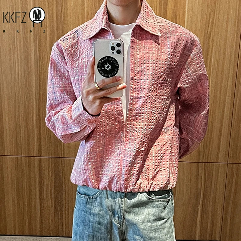 Men Wrinkled Check Lapel Shirt Long Sleeve Relaxed Fit Textured Material Breathable Daily Casual Outerwear