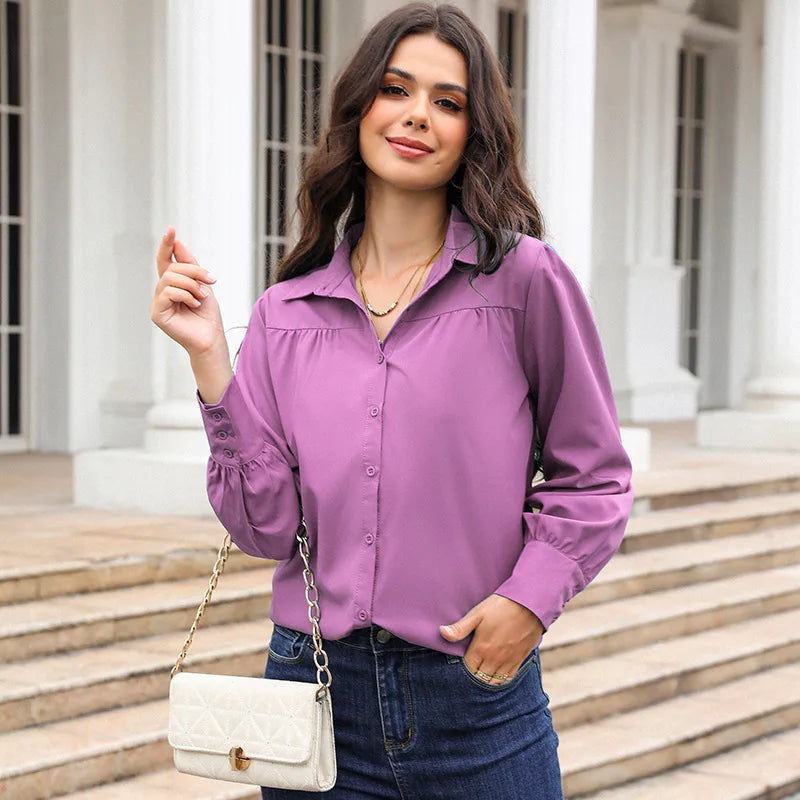 Women's Long-sleeve Collared Shirts for Spring and Fall; Pleated/patchwork-detailed Blouses; Black, White, Green, Blue, Purple.