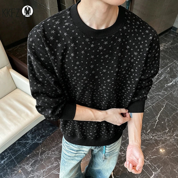 Mens Casual Loose Long Sleeve Pullover Top Crew Neck Star Allover Print Sweatshirt Soft Fabric Daily Wear