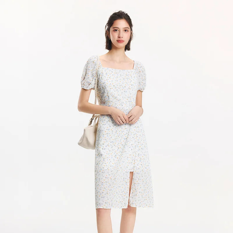 Semir Dress Women Puff Sleeve Romantic Playful Girly Summer French Square Neck Twist Split Chiffon Floral Dress