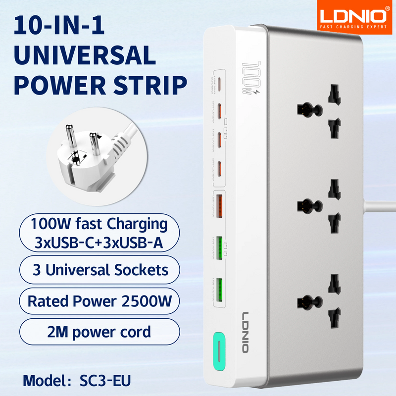 រន្ធដោតភ្លើងបន្ថែម LDNIO 13-in-1 2500W ស្ថានីយសាកថ្ម 65W បន្ទះសាកថ្ម USB រន្ធដោត AC ចំនួន 8 រន្ធដោត USB C ចំនួន 5 ខ្សែបន្ថែម USB-A ថ្មី