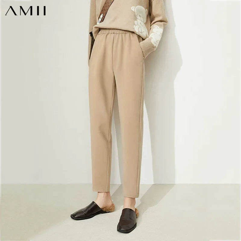 Amii Minimalism Casual Pants Women Fashion High Waist Wool Pants Elastic Sport Straight Pant Female Bottoms Trousers 12130296