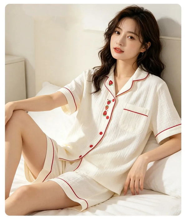 100% Cotton Pajamas for Woman Nightwear Cardigan Lapel Short Sleeve Top Two Piece Loungewear Sleepwear Women's Cotton Pijama