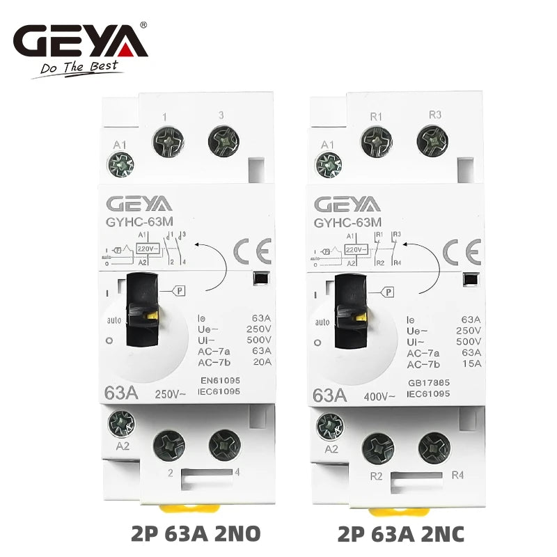 កុងតាក់ AC បញ្ជាដោយដៃ GEYA 2P 4P 25A 63A 220V/230V 50/60Hz Din Rail សម្រាប់ប្រើប្រាស់ក្នុងផ្ទះ កុងតាក់ AC ម៉ូឌុល 2NO 2NC 4NO