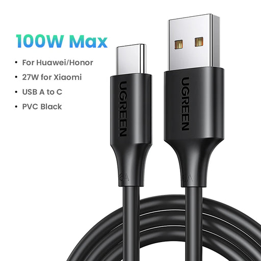 UGREEN 6A USB Type C Cable 100W/66W For Huawei Honor USB C Data Cord 27W Fast Charge For Xiaomi USB Type C Charging Super Charge 100W PVC Black CHINA