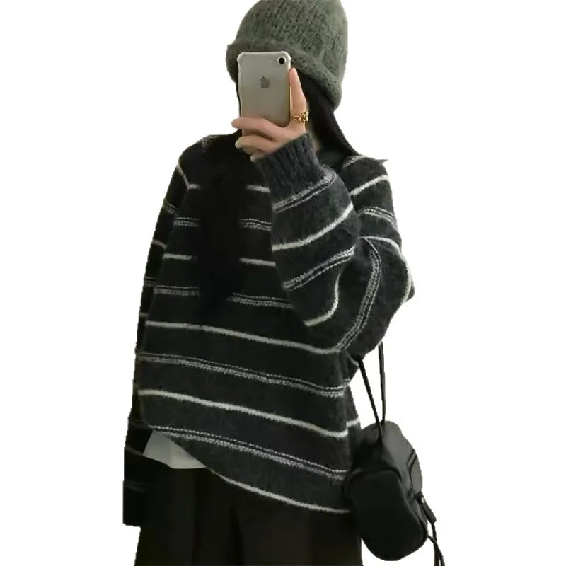 Korean Gentle Wind Round Neck Striped Pullover Sweater Women's Autumn Winter New Versatile Knitted Jumper Top Female Base Layer