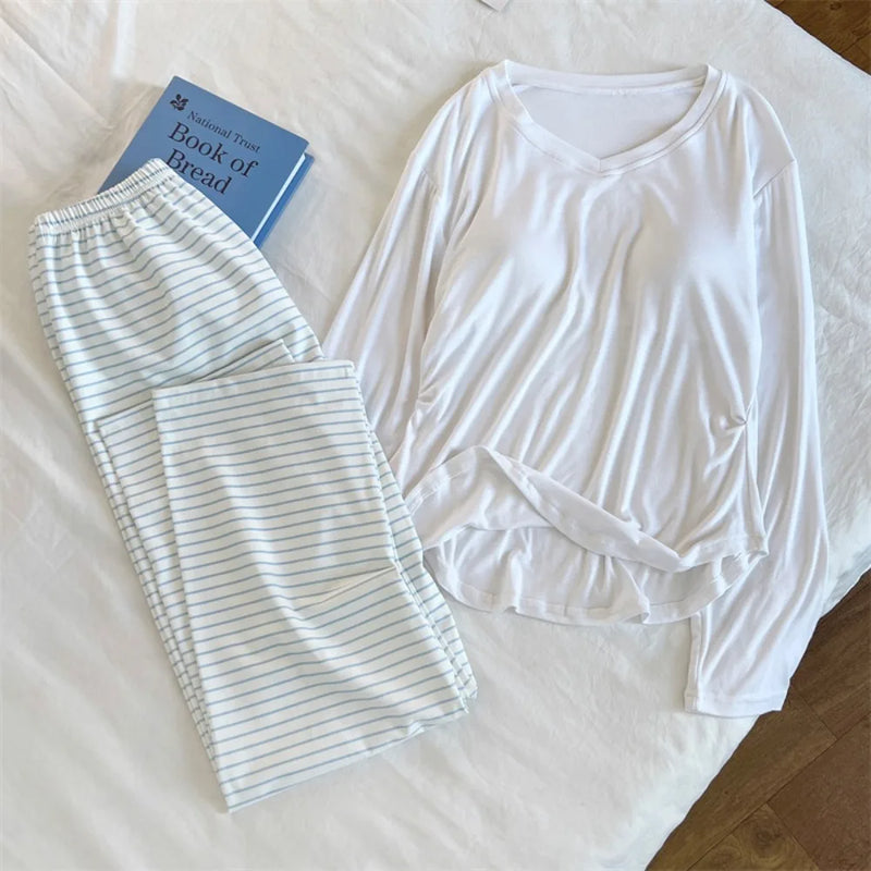 New Chest Pads Sleepwear Home Suit 2 Piece Spring Autumn Long-sleeved Trousers V-neck Loungewear Casual Pajamas Homewear