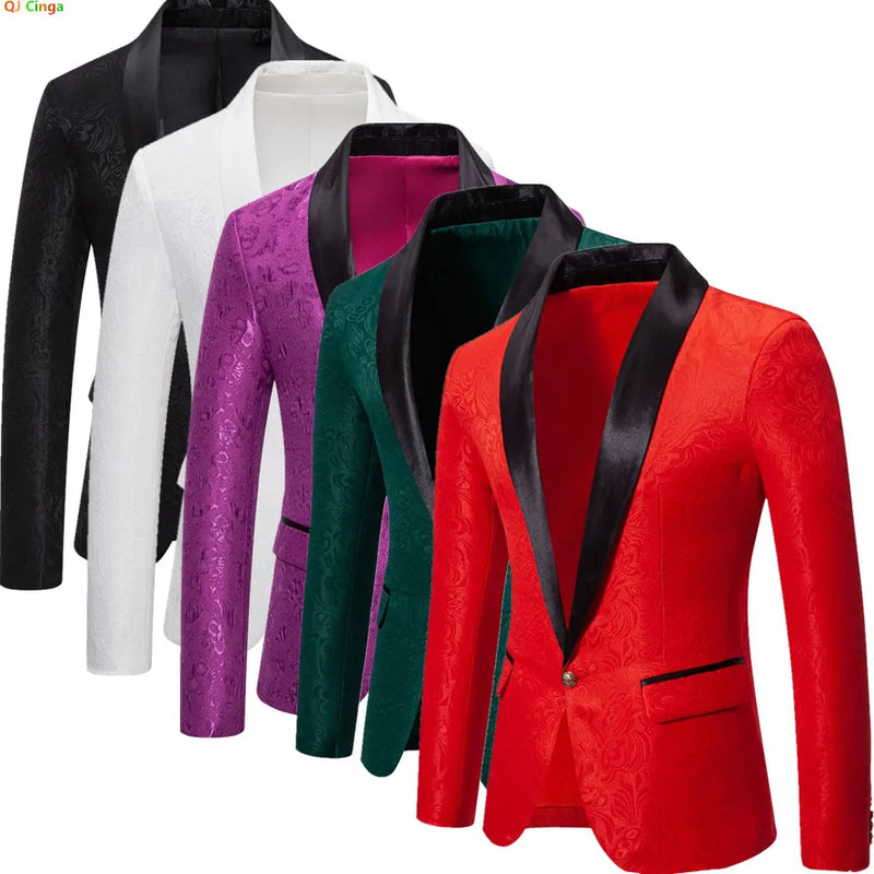 Men's Red Long-sleeved Suit Jacket, Black Collar Single-button Formal Coat, Available in Blue, Purple, Green, and White Blazers