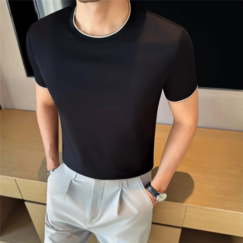 Men's 7A Antibacterial Color-Blocked Rib Mock Two-Piece T-Shirt | Liquid Ammonia Cotton, Business Casual Basic
