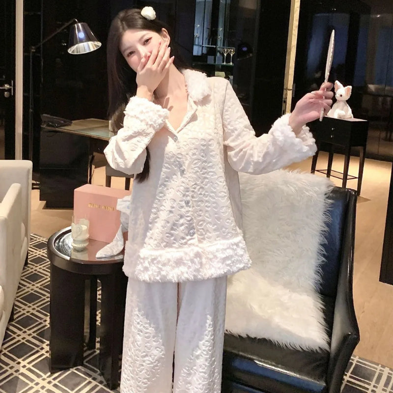 Island Fleece Velvet Women's Pajamas New Lapel Long Sleeve Top Pant Suit Casual Thicken Warm Winter Sleepwear Pijama Home Set