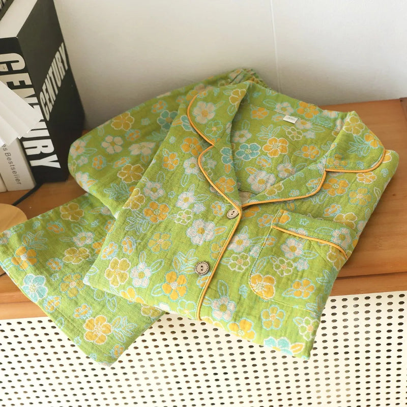 Retro Style Nighty For Woman Nightwear Autumn 2 Pcs Long Sleeves Lapel Women's Pajamas Cotton Sleepwear Comfort for Homewear