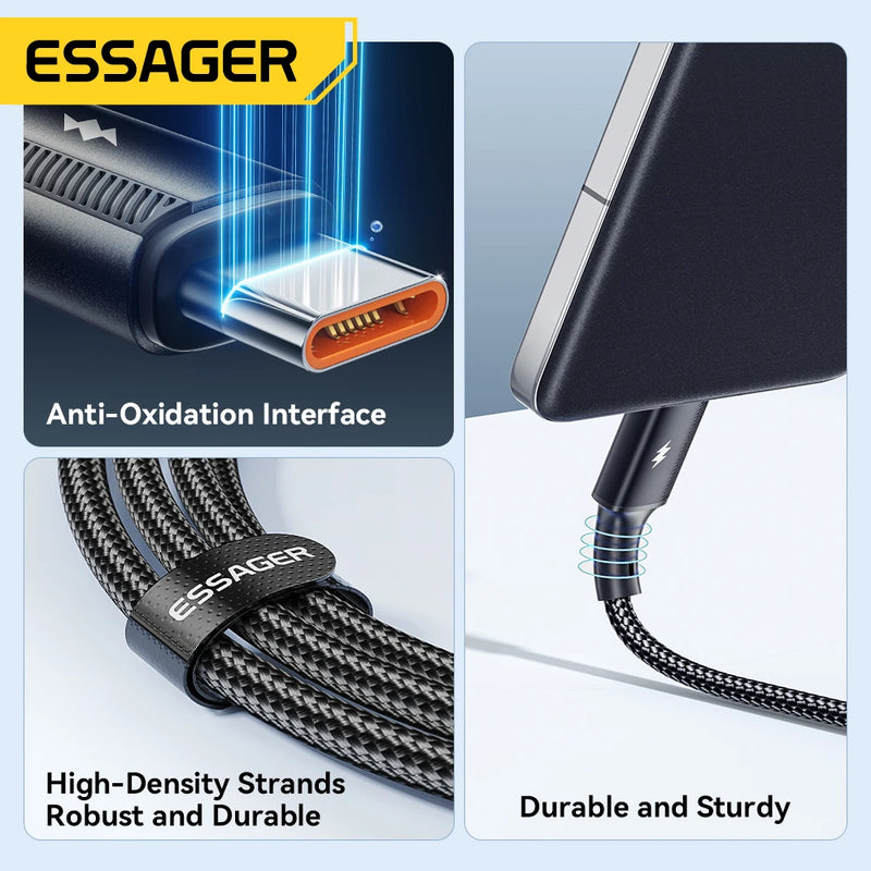 ខ្សែសាក Essager 120W 6A ខ្សែសាកលឿន Type C សម្រាប់ Xiaomi 14 Ultra Huawei Samsung Oneplus USB Type C Data Cables