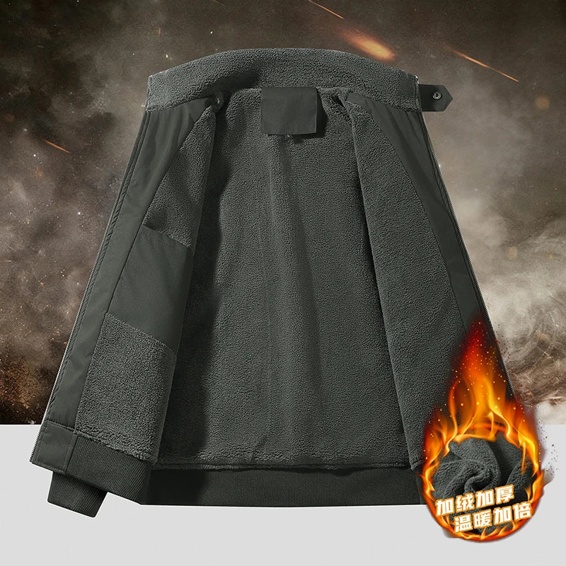 Men's Winter Fleece-Lined Bomber Jacket, Heavy Duty Cotton Military Style with Multiple Pockets, Ideal for Casual Daily Wear