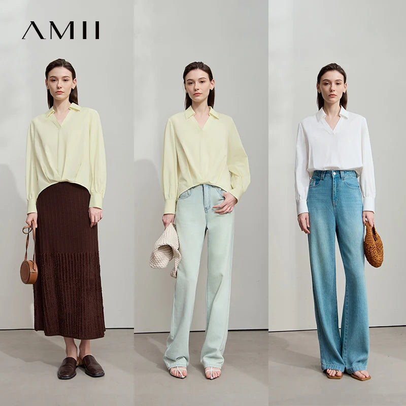 អាវ AMII រដូវស្លឹកឈើជ្រុះឆ្នាំ ២០២៥ អាវថ្មីសម្រាប់នារី អាវការិយាល័យ អាវដៃវែង ក V រាងកអាវ អាវកប្បាស Lyocell រលុង 12543021