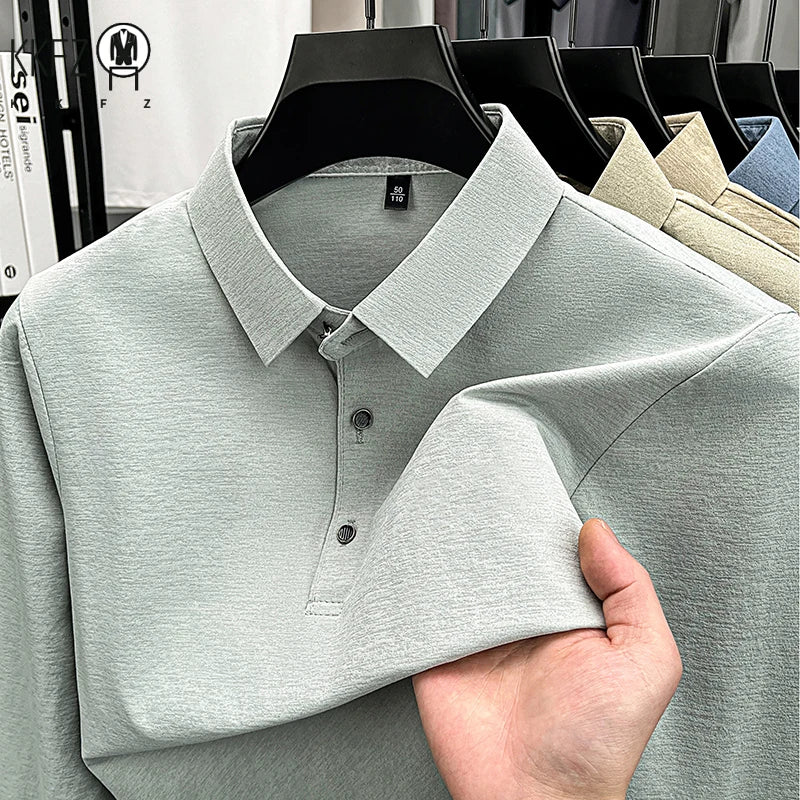 Mens Lapel Collar Long Sleeve Polo Top Heathered Texture Wrinkle Resistant Fabric Casual Office Matching Garment