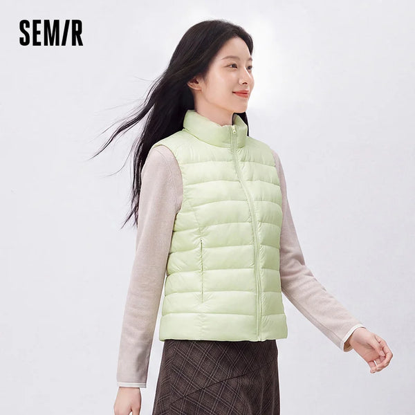 អាវកាក់ Semir សម្រាប់ស្ត្រី ទម្ងន់ស្រាល ៩០ ភាគរយ ធ្វើពីរោមចៀម កអាវឈរ ស្លីម រាងជាស្រទាប់ ពណ៌សុទ្ធ ថ្មីឆ្នាំ ២០២៦