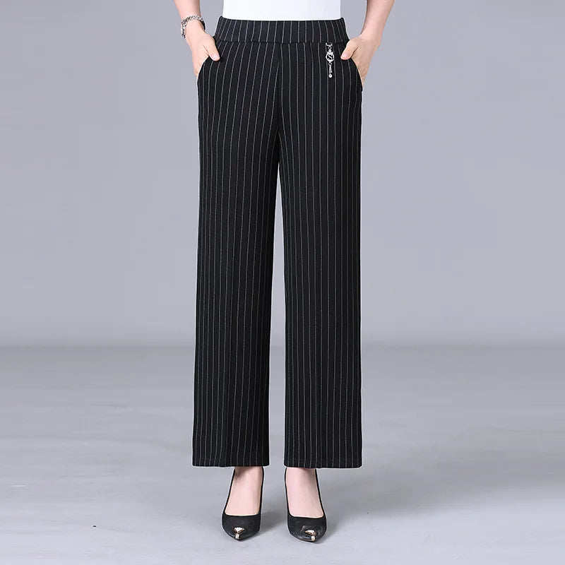 Women's High-waisted Wide-leg Pants for Spring and Fall—stylish, Casual Striped Trousers.