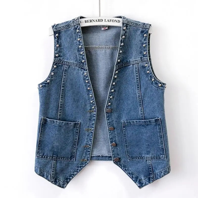 Fashion Rivet Denim Vest Women's Thin Short Spring Autumn Sleeveless Top Small Vest Outside Wear Jacket Female Waistcoat