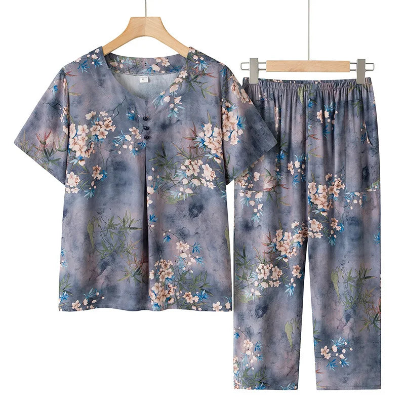 ឈុតខោសម្រាប់ស្ត្រី XL-4XL ឈុតអាវដៃខ្លីបោះពុម្ពថ្មី ឈុតគេងពេលយប់បែបវីនថេច សម្លៀកបំពាក់សម្រាប់ម្តាយវ័យកណ្តាលនៅផ្ទះ