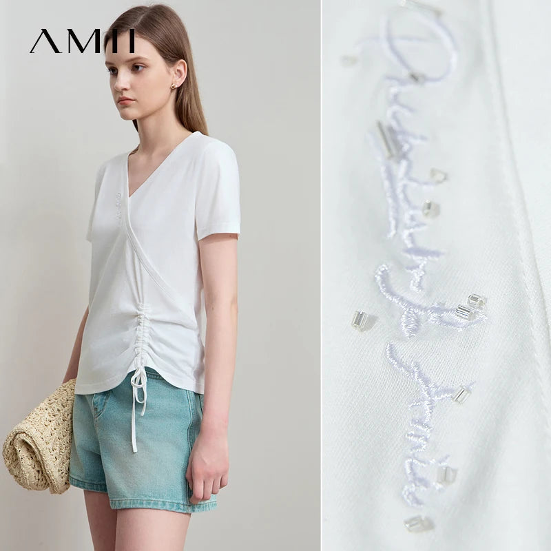 Amii Minimalism Casual T-shirt 2026 Summer New Women Solid Color V-neck Office Lady T-shirt Cotton Pleated Comfort Tops 12522137