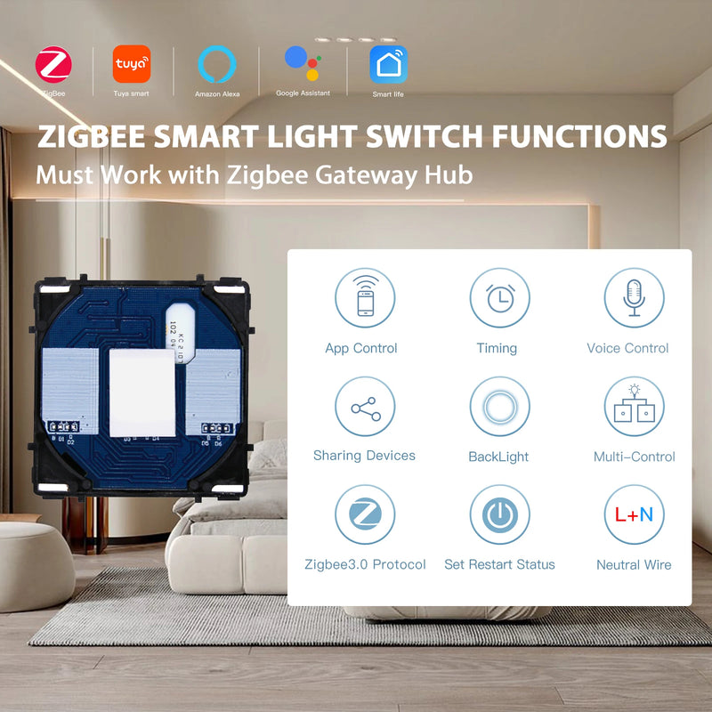BSEED Zigbee Switch 1/2/3Gang Smart Dimmer Curtain Switch DIY Function Part Tuya Google Home App Wireless Control With Neutral
