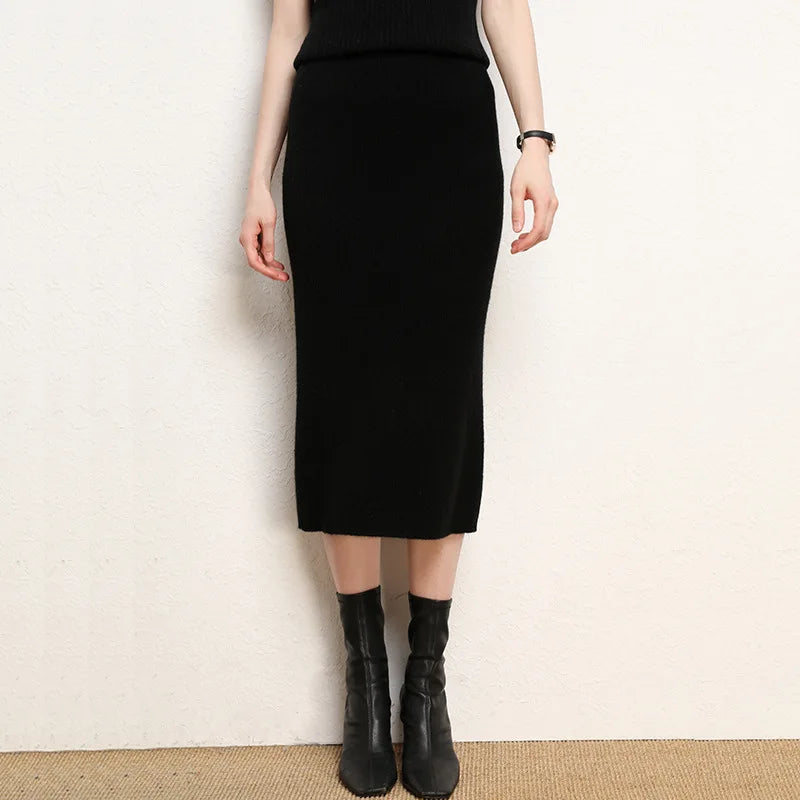 Women's Brown Knit Skirt for Winter, High-waisted, Pink, Calf-length; Available in Black, Beige, and Apricot.