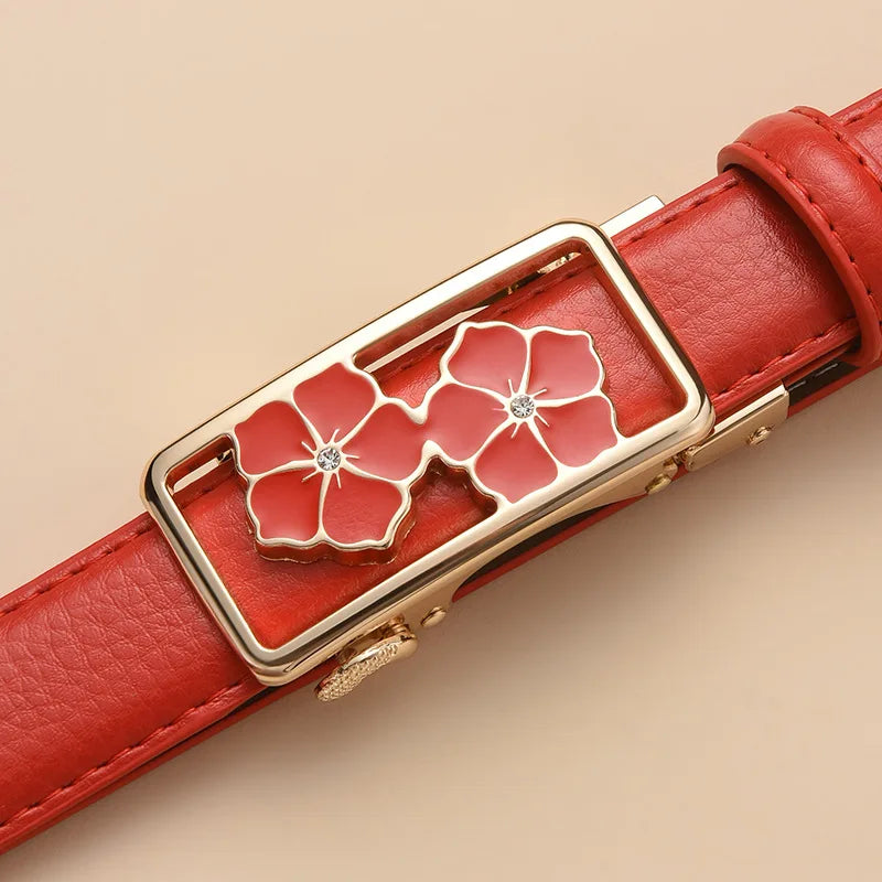 2027 New Women's Automatic Buckle Belts, Available in Red, White, and Black, Sizes 85 Cm–120 Cm.