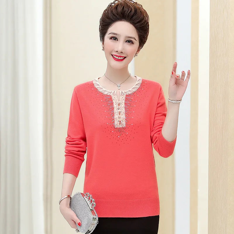 Hot Sweaters & Jumpers New Pullover Knitwear Tops Women Spring Autumn Long Sleeve Middle Aged Mother Clothing Woolen Blouse