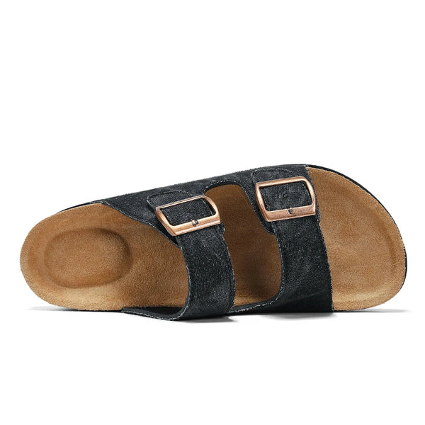 2026 New Black Denim Cork Sandals Double Buckle Adjustable Flat Slides Comfortable Arch Support Casual Slippers for Women Men