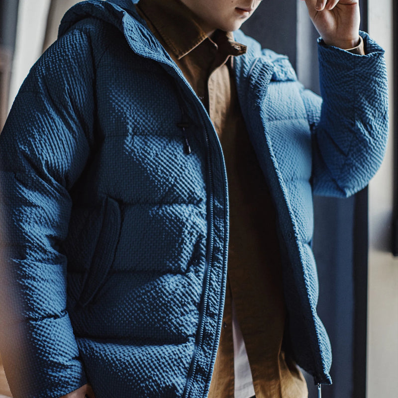 Maden Casual Men's Down Jacket 90% White Duck Down Filling Hooded Coat Warm Zip-Up Seersucker Textured Outwear for Fall Winter