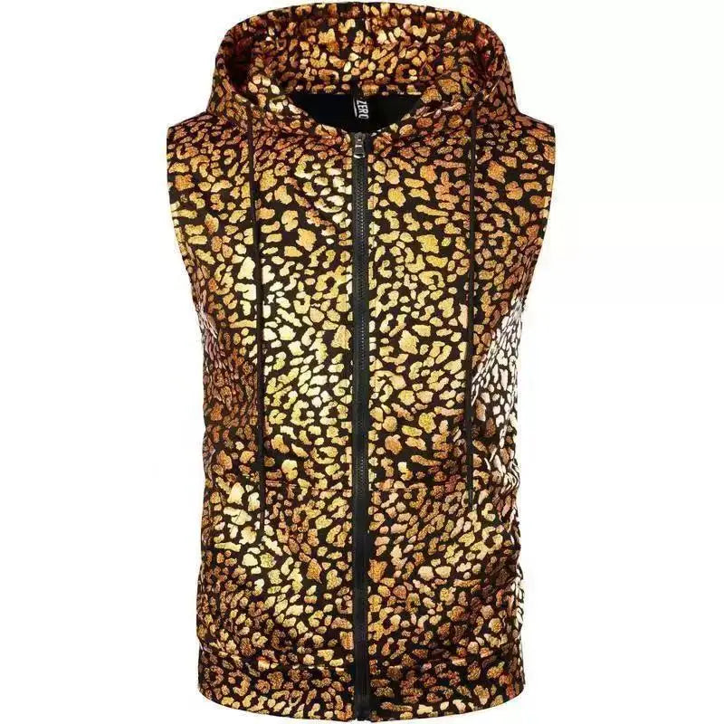 Men's Sleeveless Hooded Vests for Spring and Fall, Leopard-print Waistcoat for Summer, and Stylish Casual Tops. Gold,Silver,Blue