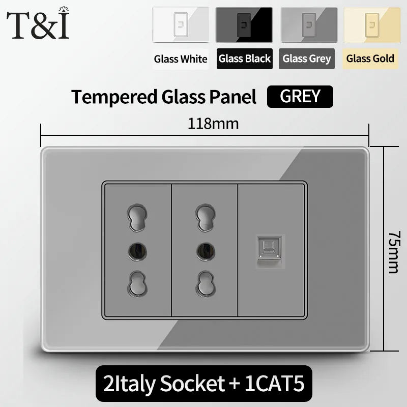 T&I Wall Switch Sockets With USB TypeC  Fast Charging, Italy Socket , Chile Schuko Outlet, Tempered Glass Panel for Home